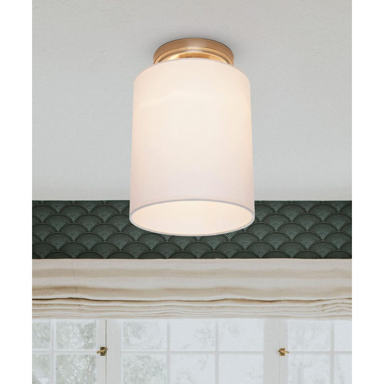 Mercer41 7"W 1Light Satin Brass Finish with White Linen Fabric Drum